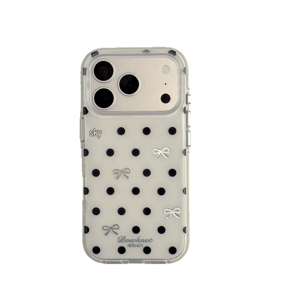 Simple Black and White Polka Dot Bow Phone Case for iPhone 17 Pro Max/16, Double Layer Design for Models 15/14.