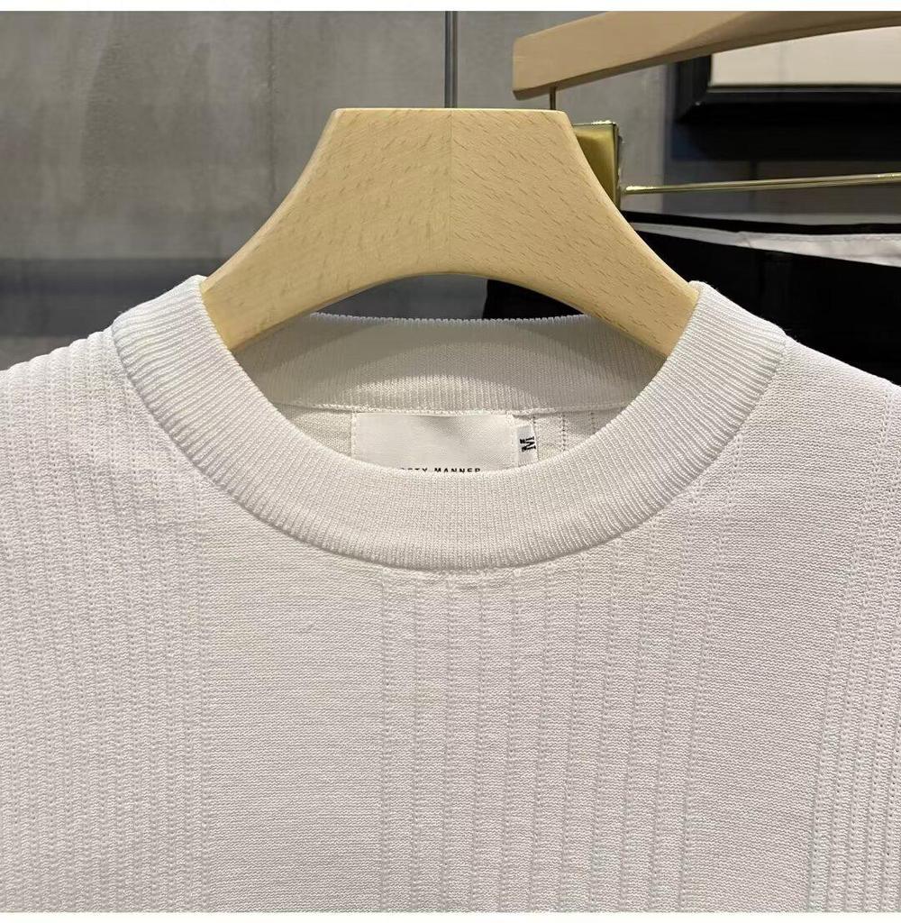 Męski letni T-shirt z dzianiny z krótkim rękawem, dopasowany krój slim fit, okrągły dekolt z lodowego jedwabiu