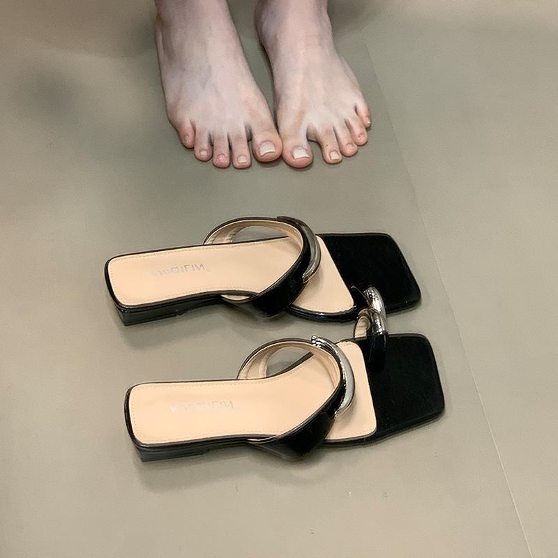 French Thick Heel Metal Buckle Sleeve Toe Slippers Women's Summer Wear Versatile Not Tired Feet Small Slope Heel Beautiful Cool Slippers