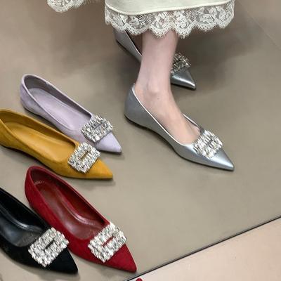 Inner Height Increase Evening Shoes Shallow Mouth Rhinestone Square Buckle Ladyshoes Pointed Temperament Single Shoes Women