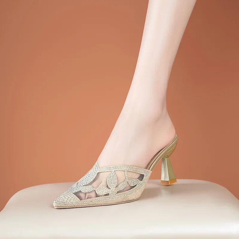Fashion Summer Concise Women Mules Shoes High Heels Woman Slippers Wedding Sandals Women Shoes Fashion Rhinestone Mesh Lace Flip Flops