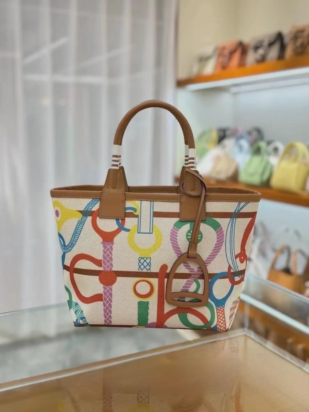 

Сумка-тоут ручной работы из натуральной кожи и холста 2025 года - красочная женская сумка для покупок в саду