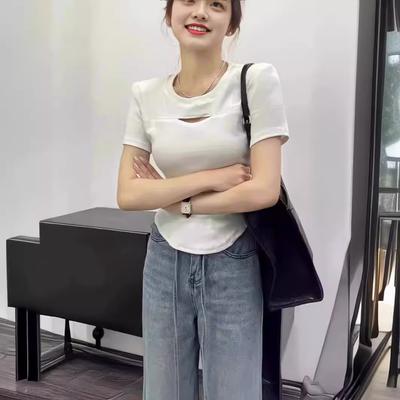Black Hollow Front Shoulder Short Sleeve T-shirt for Women In Summer New Irregular Design Niche Short Style Student