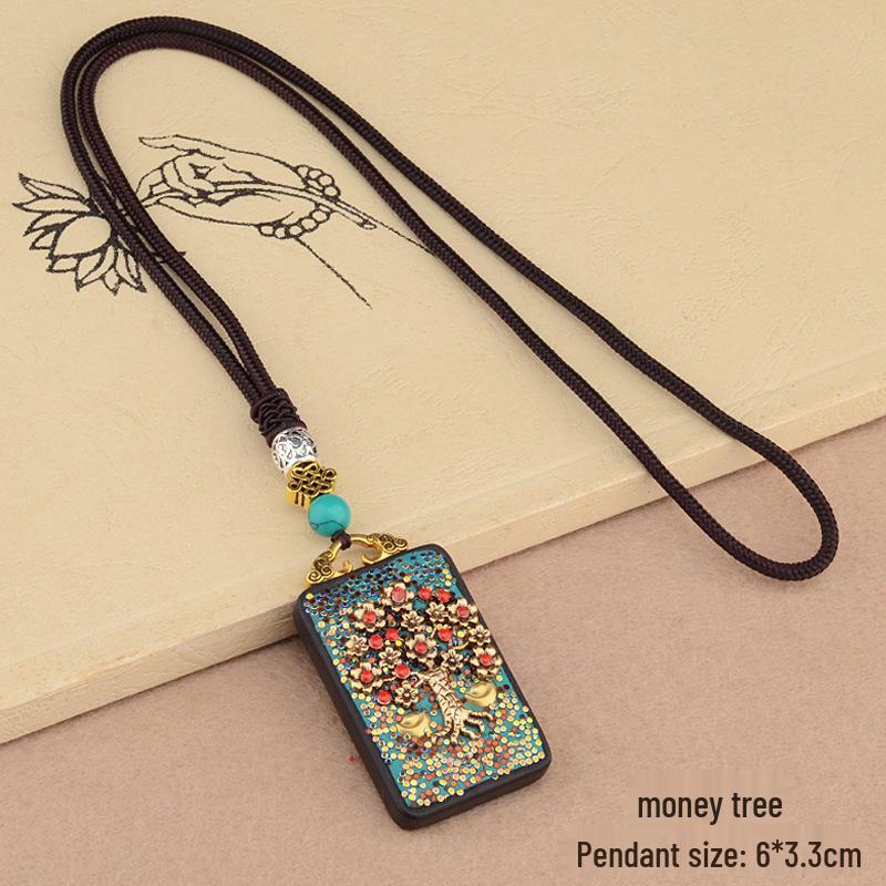 Ebony Tangka Necklace with Ethnic Na Fu Pendant - Buddha Amulet for Men & Women