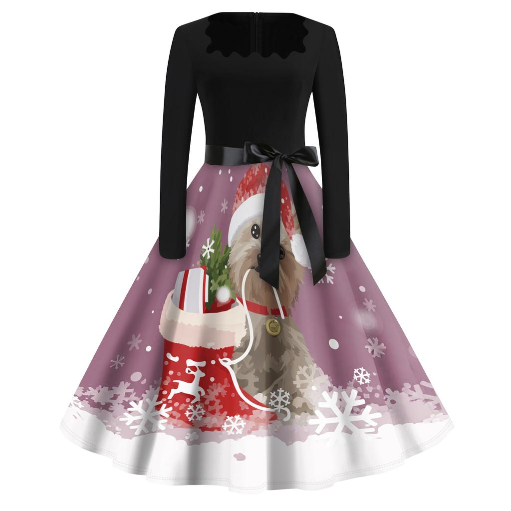 Women's Casual Retro Square Neck Dress with Halloween Print for Party and Daily Wear