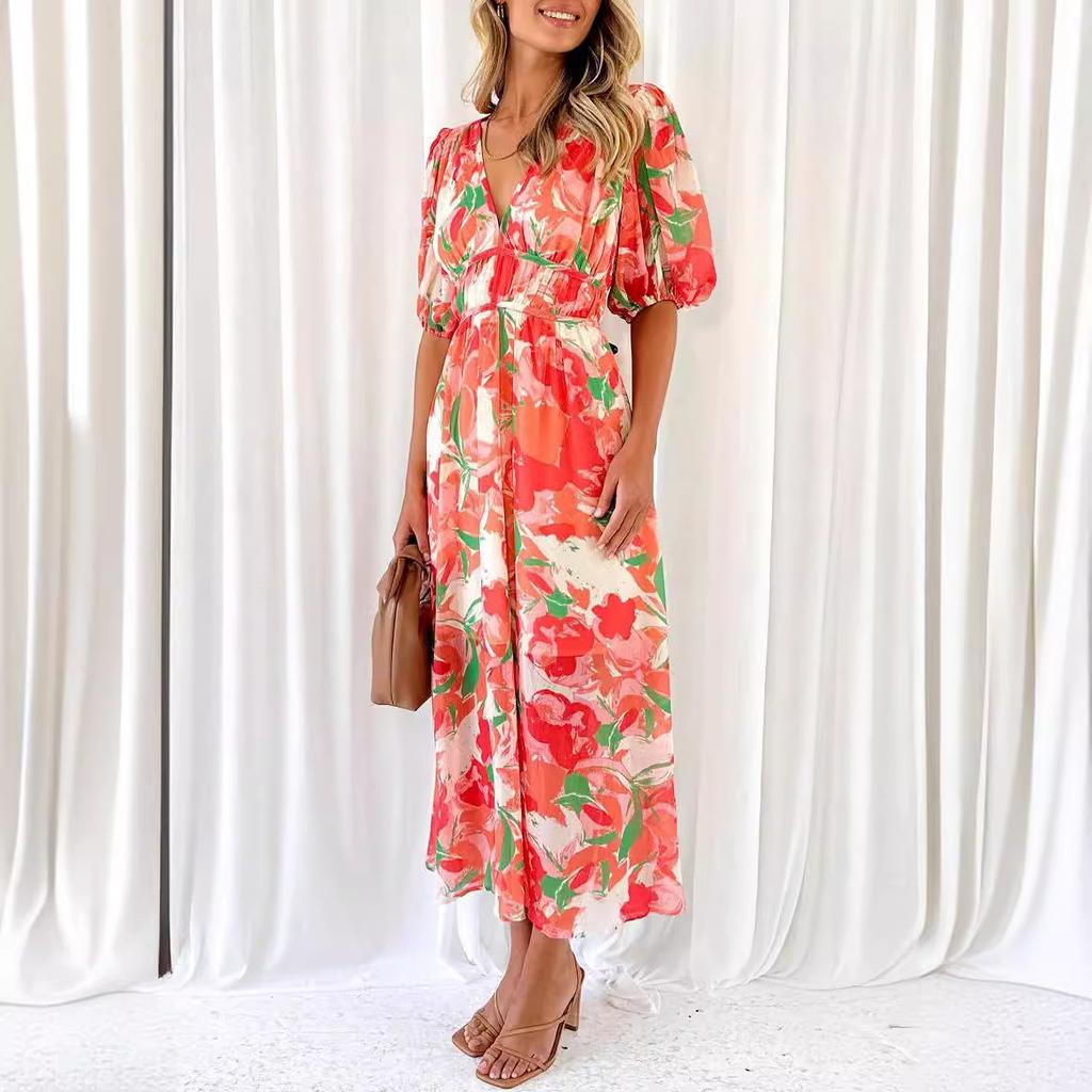 YYFS Women's Fashion Summer Spring Flower Pattern Print 1/2 Sleeves V-Neck High Waist Casual Dresses