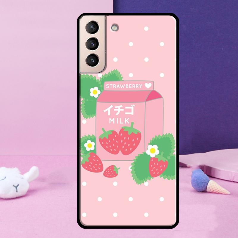 Kawaii Strawberry Milk Phone Case For Samsung Galaxy S25 Ultra S24 S23 Ultra S9 S10 S20 S21 S22 Plus S24 FE Cover