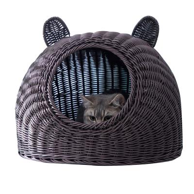 Cat Bed Cute Cat Ear Imitated Rattan Hand Woven Breathable All Seasons Washable Semi Closed Cat
