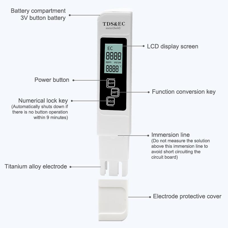 1 Pcs White Digital Water Quality Tester Tds Ec Meter Range 0 To 9990 Multifunctional Water Purity Temperature Temp Ppm Tester