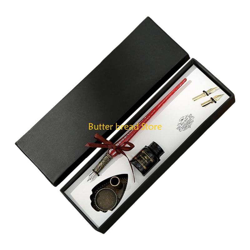 W89C Glass Dip Pen and Inks Set with Pen Holder Replaceable Pen Tip Beginner Caligraphy Set for Art Writing Drawing Signing