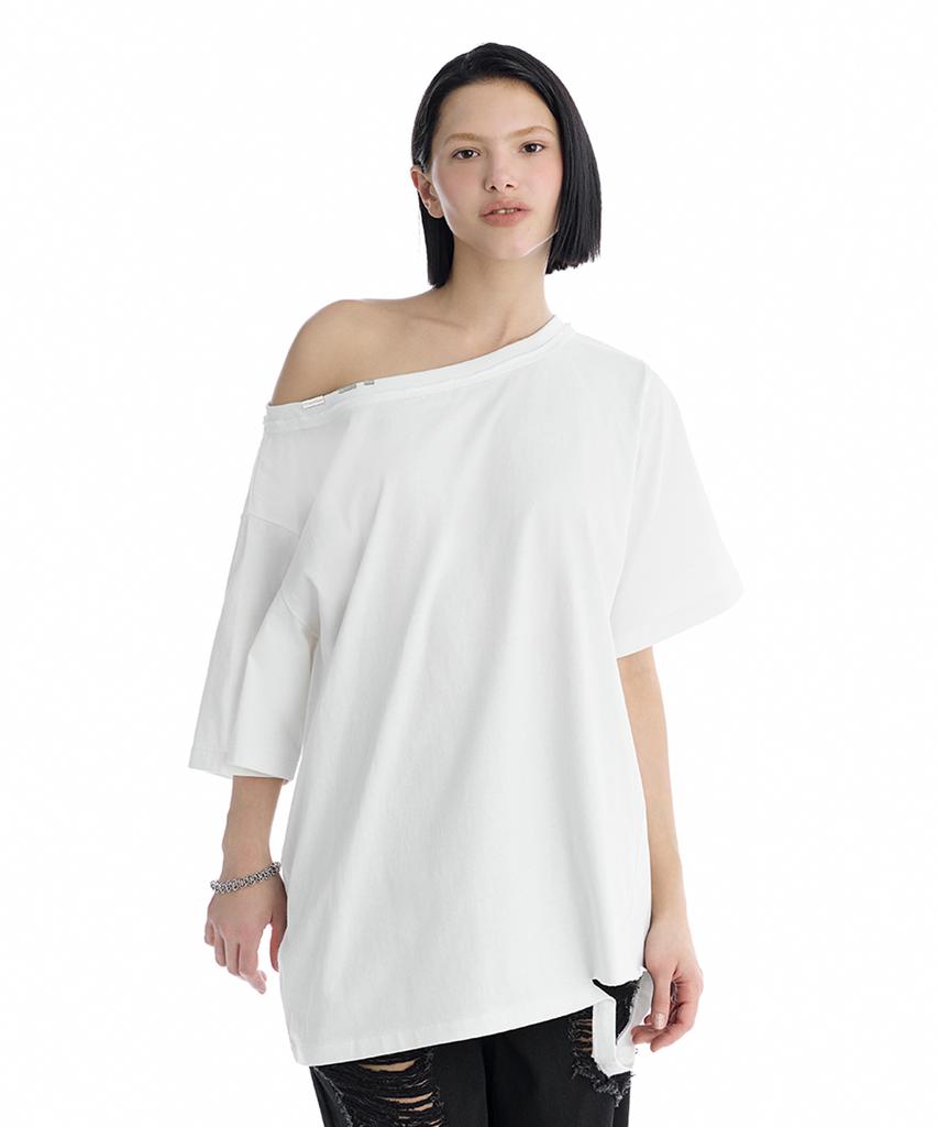Teulimingbeodeu Off-Shoulder Raw Edge T-Shirt [ White ]