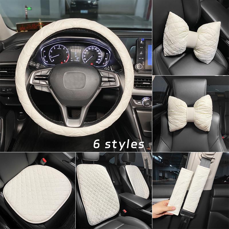 Fashion Ins Puff Cotton White Car Seat Cushion Cover Women Car Accessories Steering Wheel Cover Universal Auto Neck Waist