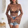 Ins Herbst Damen Netzprint Rundhals Glockenärmel Langarm T-Shirt Mode Täglich Basic Büro Dame Lässig Slim Fit Damen Elegantes Oberteil