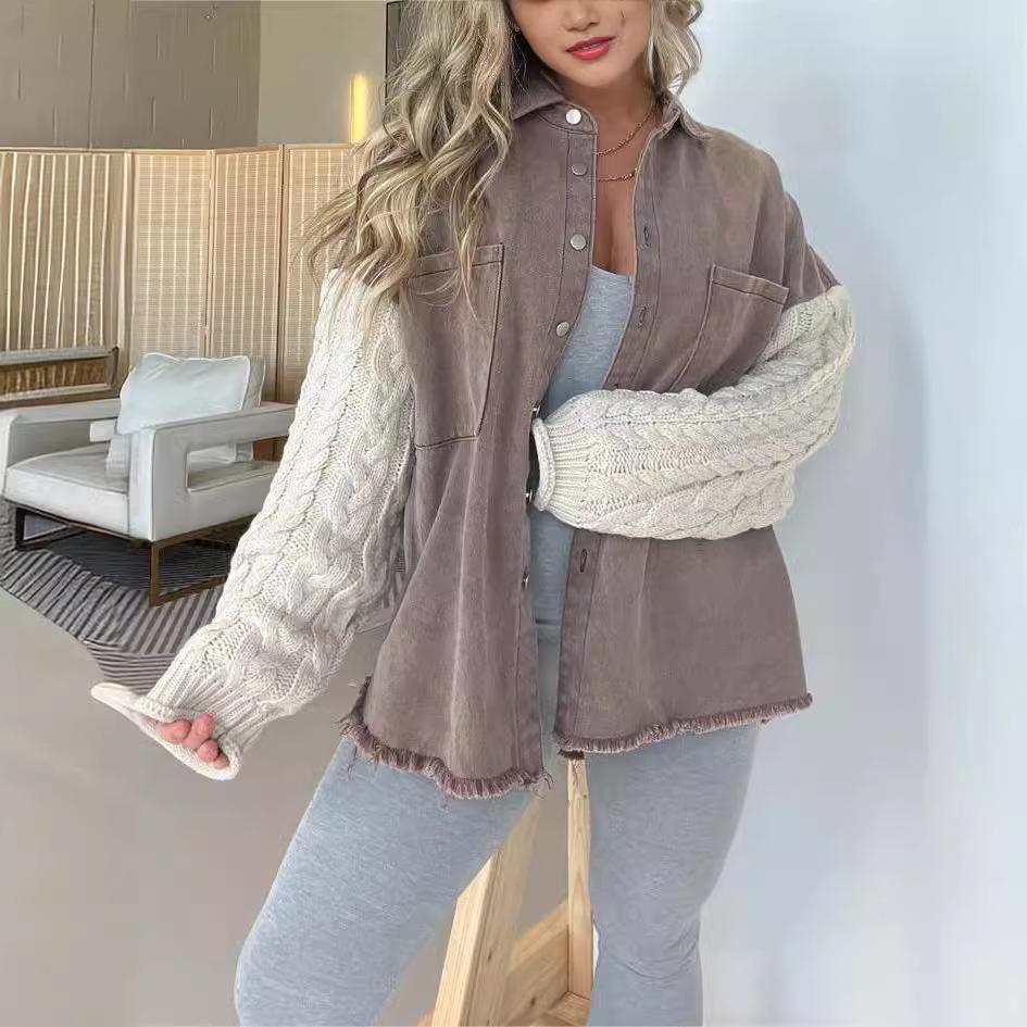 Chaqueta de Lana Denim con Manga de Punto Patchwork para Mujer Transfronteriza 2023