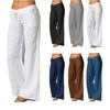 Women Cotton Linen Pants Solid Color Beach Pants Elastic High Waist Wide Leg Yoga Pants