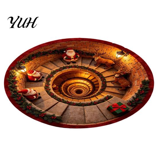 Cozy Indoor Holiday Decorations Christmas Round Area Rug, 3D Visual Trap Floor Mat with Santa Elk Print, Claus Print Rugs Non-Slip Stain Resistant