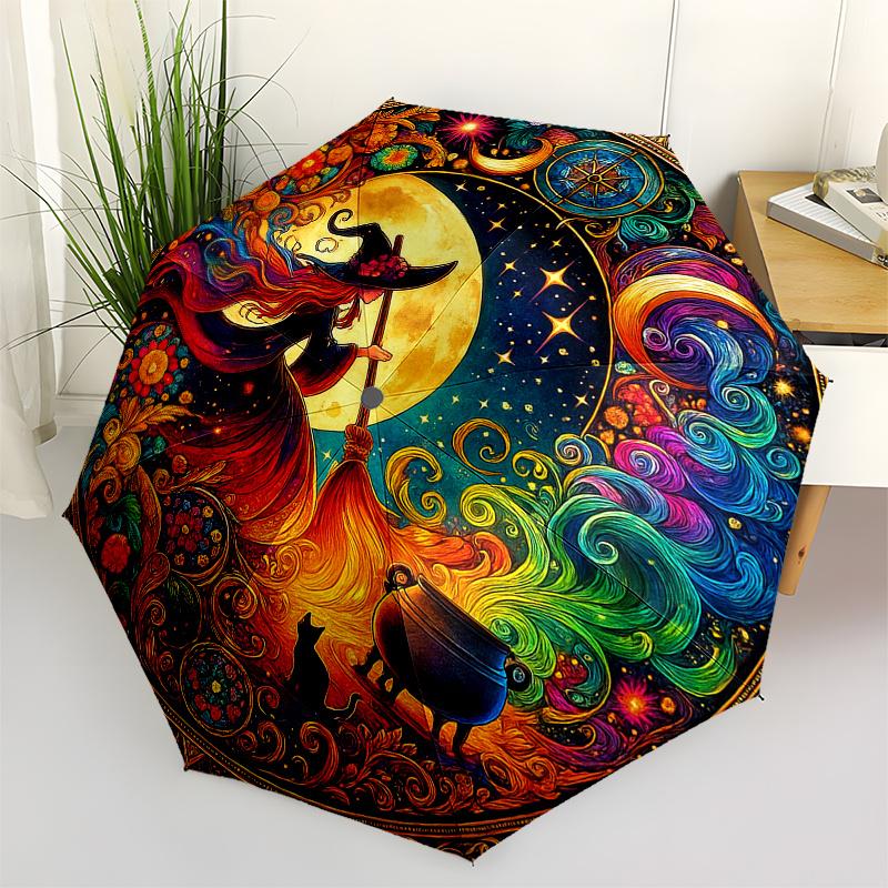 

Enchanted Moonlit Witch s Night Automatic Open/Close Compact Umbrella - 3-Fold Portable with 8-Rib Sturdy Frame, Magical Witch (as the picture,iron&8K)