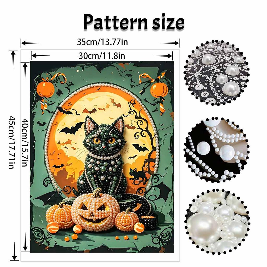 Halloween Black Cat and Pumpkin Pearl Painting Art Full Pearl Handmade Diy Home Decorations