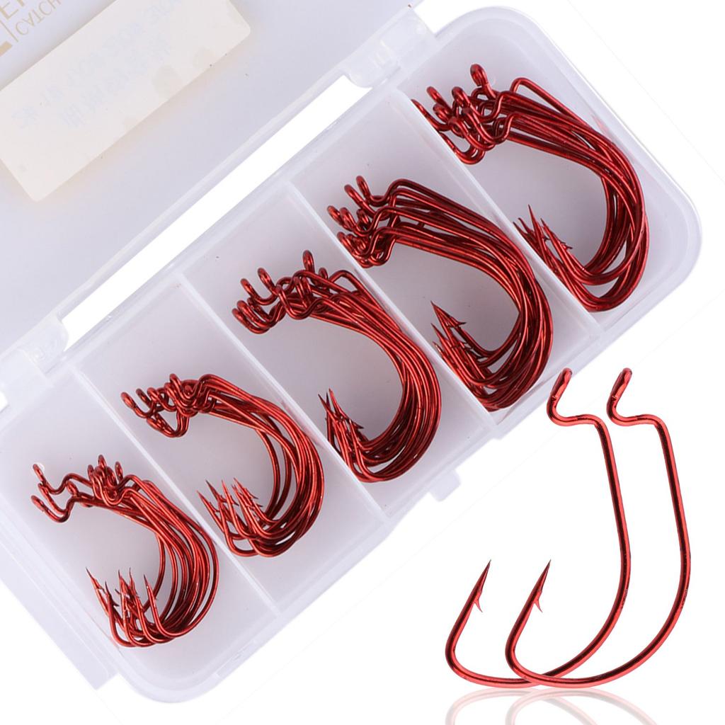 Goture Fishing Hook Jig Head Hooks for and Stream with Storage Case Set Red each of and Worm Set, Salt, Freshwater, Fishing, (50-Piece - - (10 #2, #1,