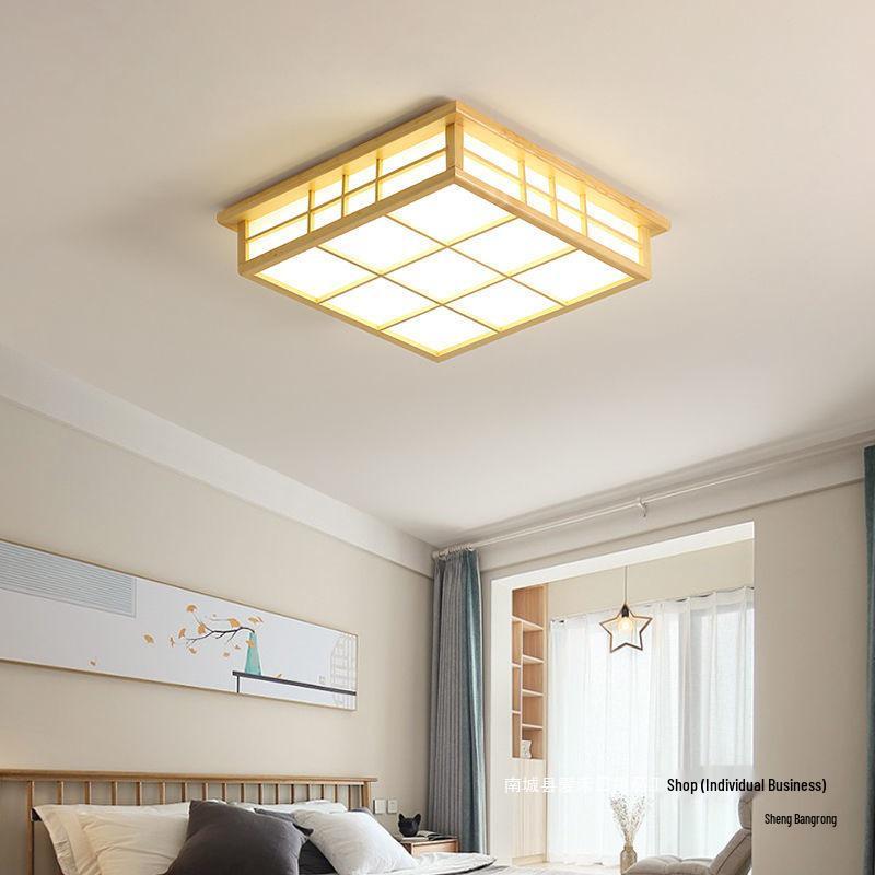 Japanese Style Solid Wood Ceiling Light for Bedroom, Tatami, Living Room & Study - Rectangular Design
