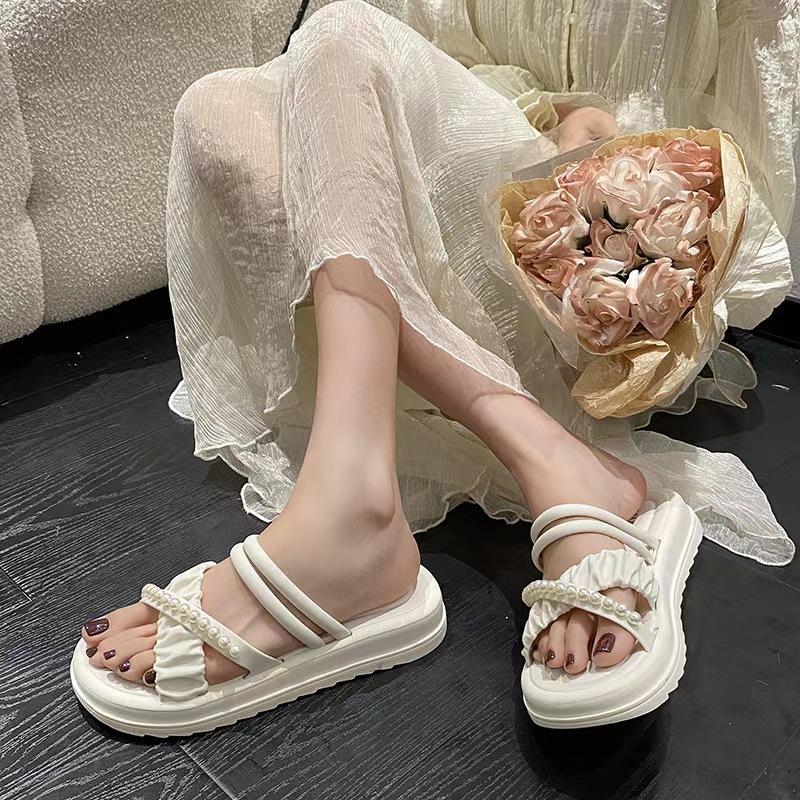Summer Slippers for Women Fashionable Home Indoor Anti Slip Pearl Casual Beach Shoes