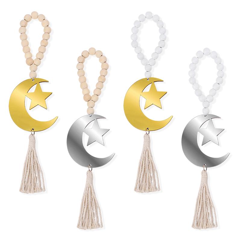 Eid Mubarak Holzperlen Anhänger mit Quaste Ramadan Kareem Mond Stern Hängendes Ornament Geschenk Islamische Muslimische Party Hausdekoration