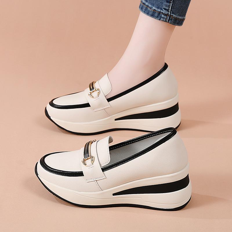 Women Slip on Platform Loafers Casual Leather Business Office Shoes Thick Sole Height Increase Shake Shoes Large Size