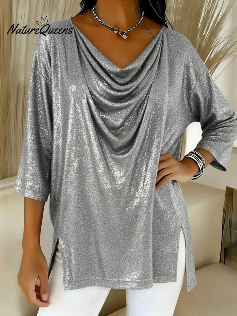 2025 Trendiges europäisch-amerikanisches Damen-Oberteil mit lockerem Stehkragen und Schlitz, Neun-Punkt-Ärmel