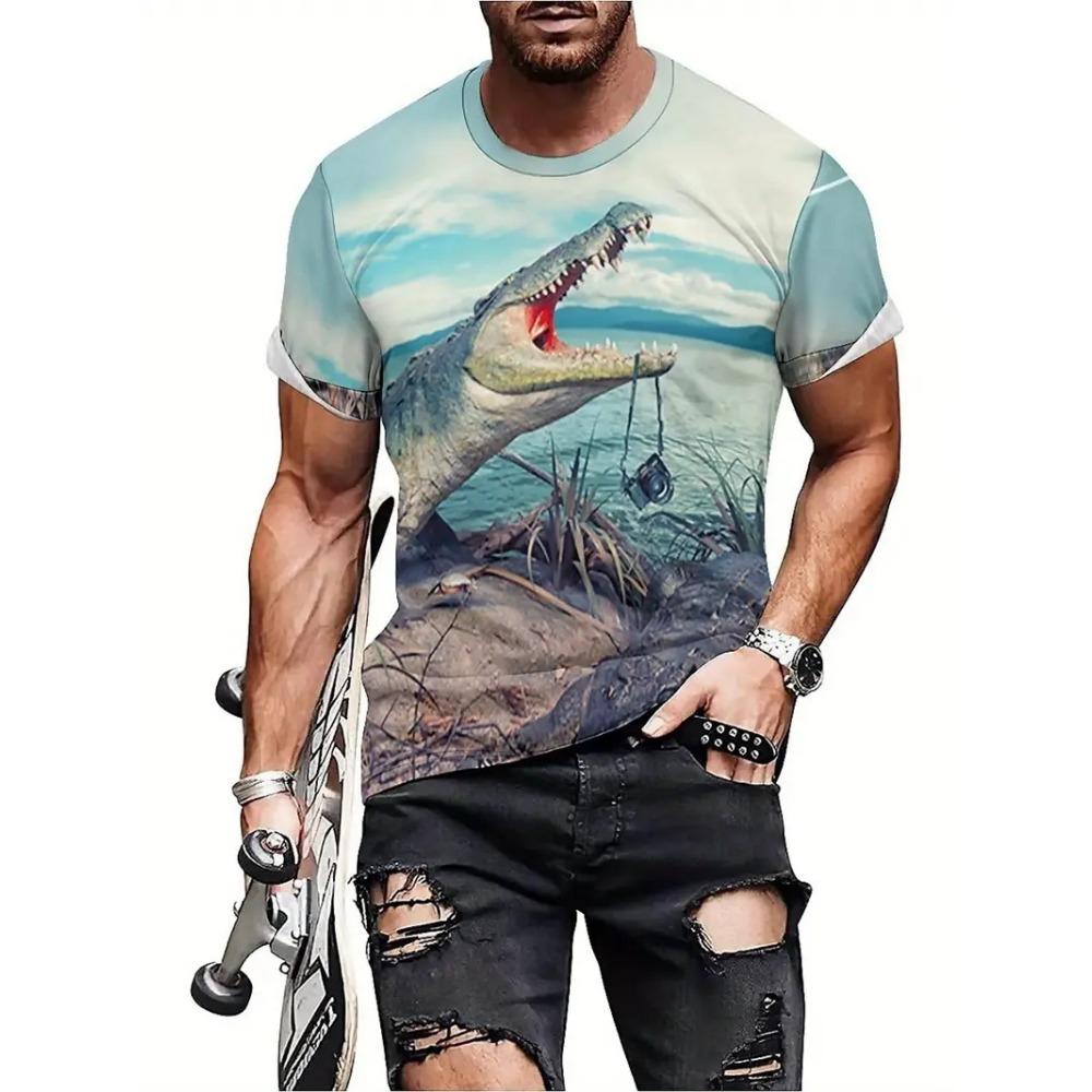 Herren Neues T-Shirt mit Krokodilmuster, Sommer-Mode 3D-gedruckt, lässig, kurzärmlig, lockeres Oberteil im Harajuku-Stil