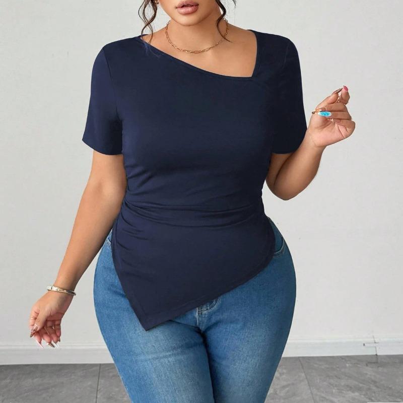 Summer New Style Oblique V-neck Fashion Slim Solid Color Simple Versatile Short-sleeved T-shirt