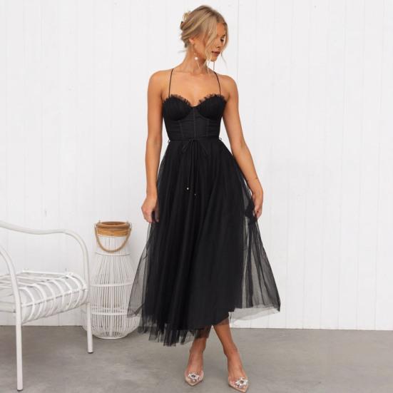 Damen Mesh Swing Cocktailkleid Ärmellos Spaghetti-Träger A-Linie Tüllkleid Formelles Hochzeitsgastkleid