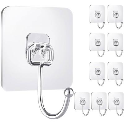 Large Clear Adhesive Hooks for Hanging, Stick On Wall Mount Hooks Stainless Steel Metal Hook for Bathroom, Shower, Kitchen, Door