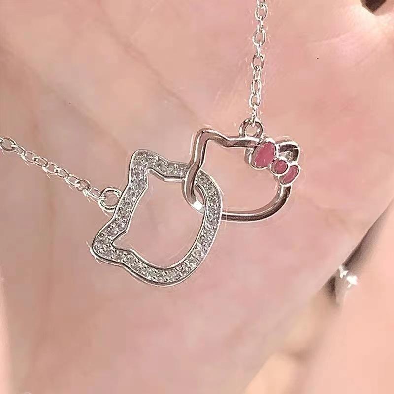 Cartoon Sanrio Hello Kitty Necklace Pendant Kawaii Double Ring Clavicle Chain Girlfriend Charms Clasped Chain Jewelry Gift Toys