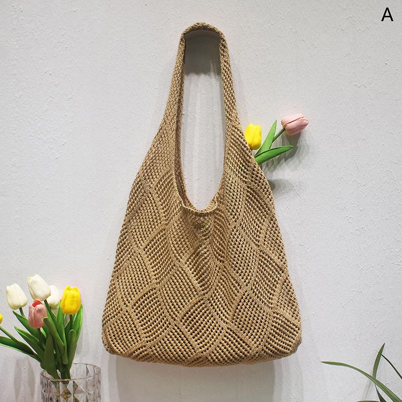 Sommer Strand Damen Schultertasche Häkelhandtasche Gestrickte Hohle Tragetasche Für Mädchen Frauen Einfarbig Vielseitige Einkaufstaschen