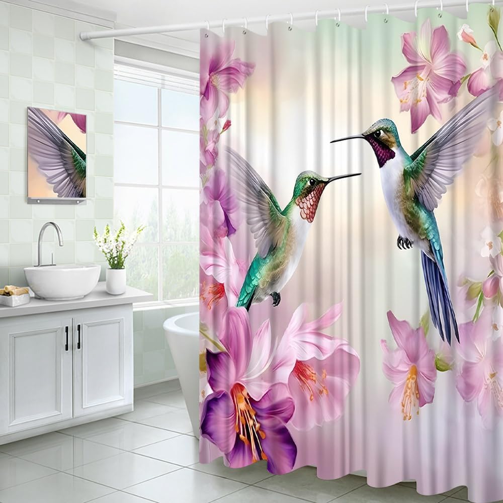 Elegant Hummingbird and Floral Print Shower Curtain for Bathroom Waterproof Polyester Shower Liner Decor Tropical Nature Pink Bl