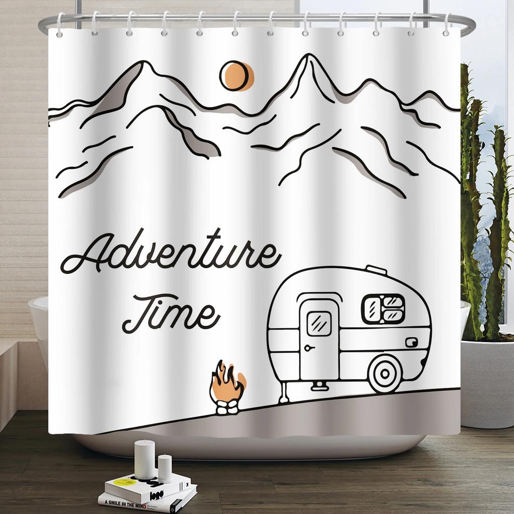 Camper Shower Curtain Happy Camper Trailer Car Rv Forest Mountain Tent Camping Bathroom Shower Curtain Waterproof Bath Curtain