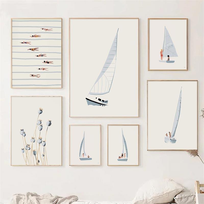 Sailboat Swimming Pool Ocean Floral Minimalist Wall Art Canvas Painting Posters And Prints Wall Pictures For Living Room Decor