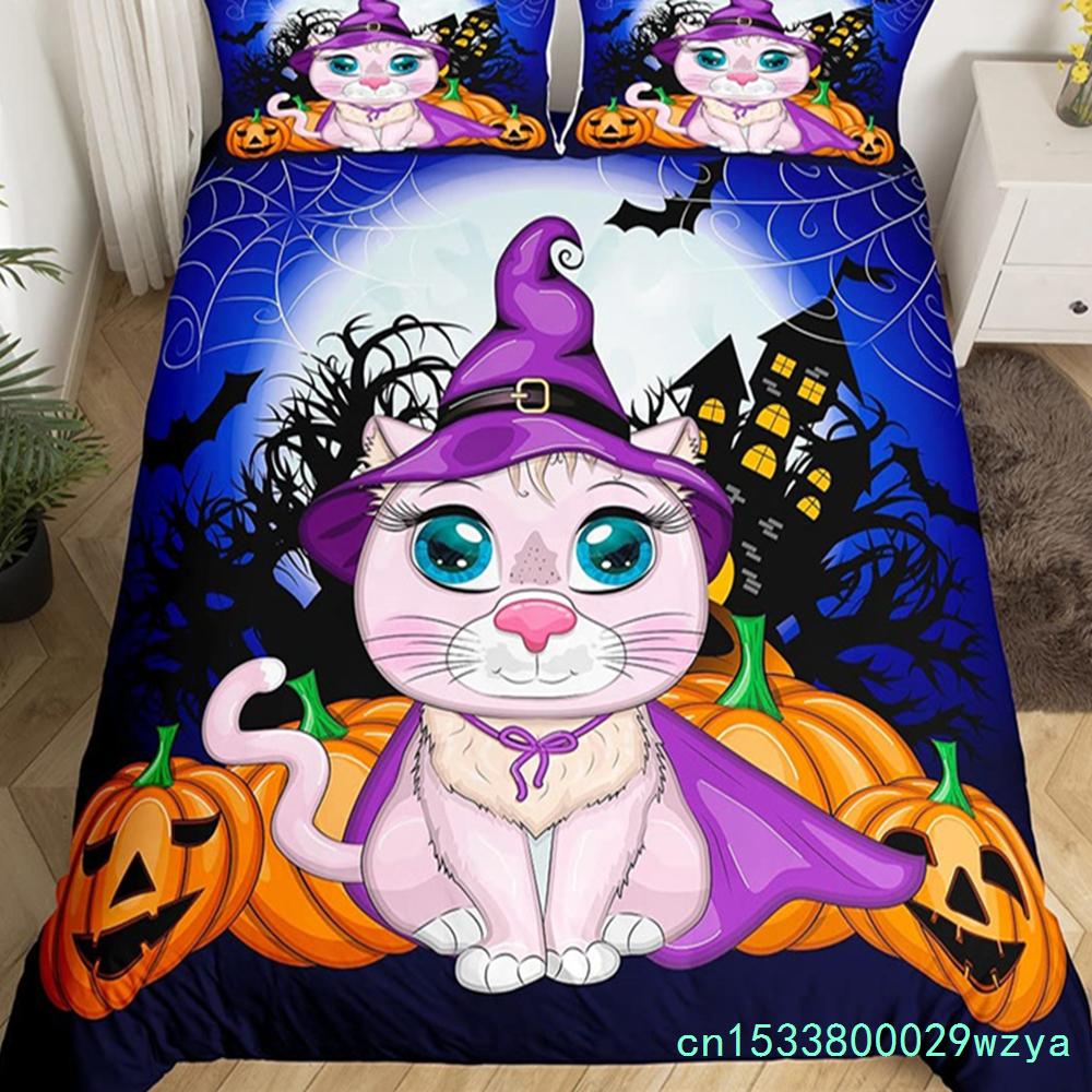 Capa de edredom fofa de gato de Halloween, conjunto de cama de castelo misterioso para crianças, adolescentes, microfibra, floresta enevoada, morcego, colcha, roupas de cama queen