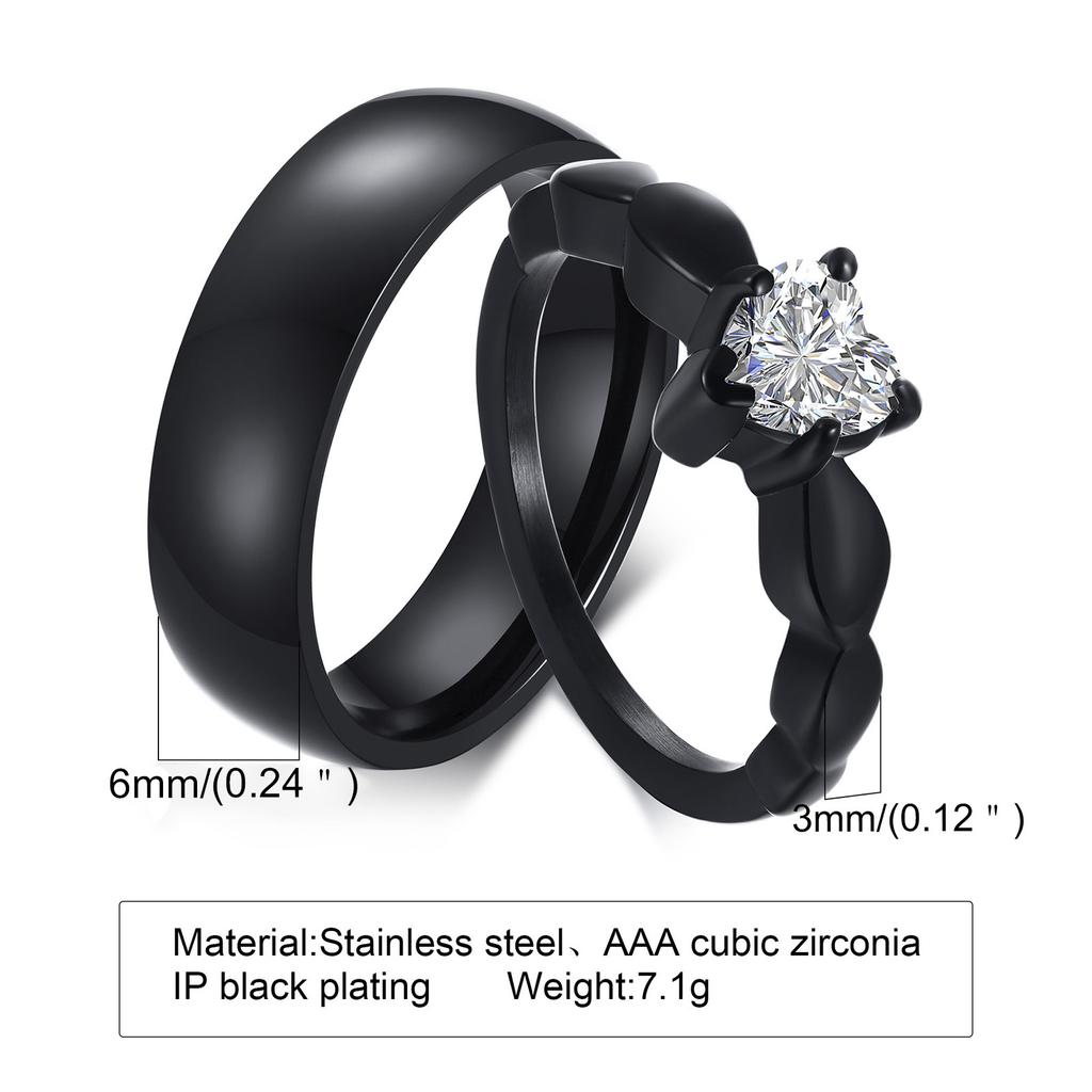 Vnox Romantic Heart CZ Stone Couple Wedding Rings for Women Men, Black Color Stainless Steel Bands Engagement Jewelry, Love Gift