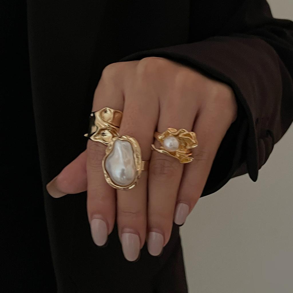 Landscape Water Drop Hug Open Ring, Liquid Metal Pleated Baroque Pearl Ring