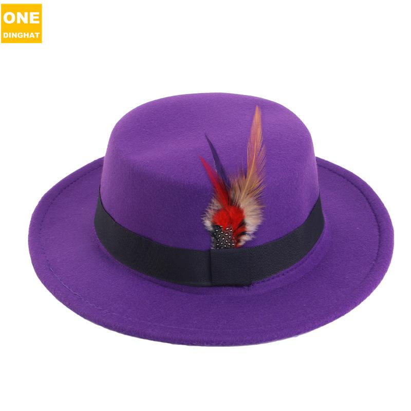Men'S And Women'S Woolen Wool Flat Top Top Top Hat Retro Chicken Feather Jazz Hat Gentleman'S Hat Jdl-008A
