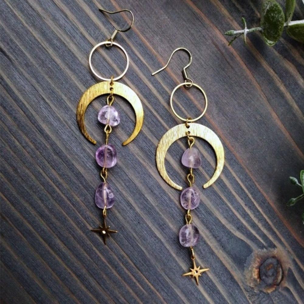 Nouveaux Boucles d'Oreilles Pendantes Charme Rétro Acier Inoxydable Couleur Dorée Croissant de Lune Étoile Améthyste Irrégulière pour Femmes Bijoux Magiques Bohèmes