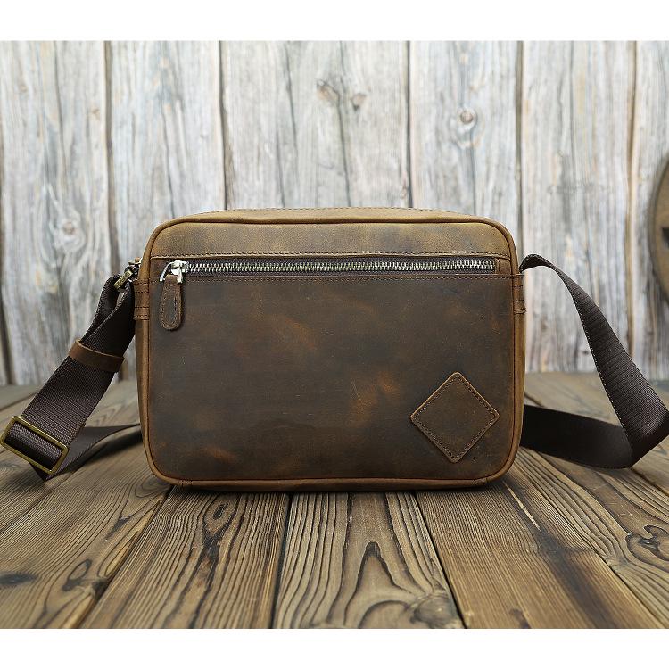 Vintage Crazy Horse Leather Men's Crossbody Messenger Bag - Genuine Leather, Handmade, Casual, and Trendy.