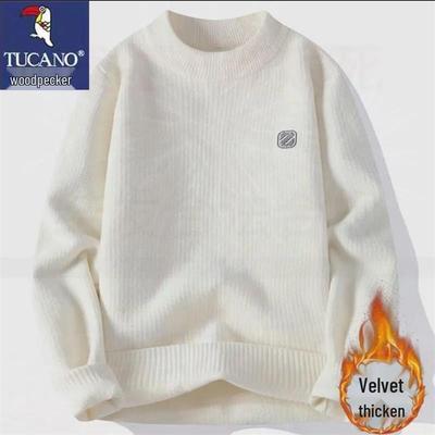 Woodpecker Men's Slim Fit Round Neck Knit Sweater - Warm Velvet Base Layer for Autumn/Winter