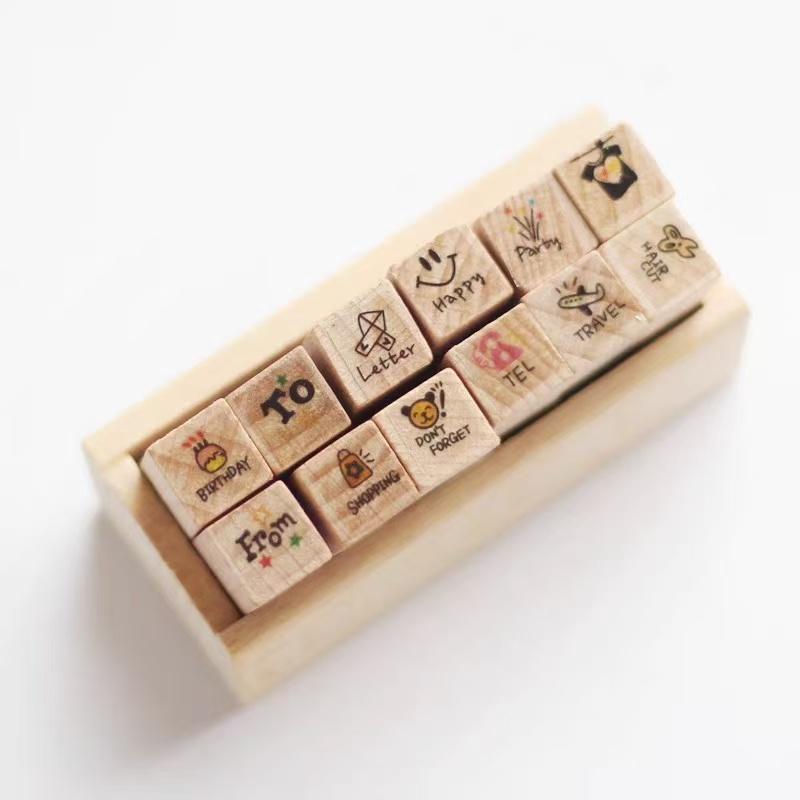 Office School Supplies Diary Seal Decoration for Handbook Love Life Wooden Seal 12 Pieces Wooden Box 5 Options Kawai Lovely Gift