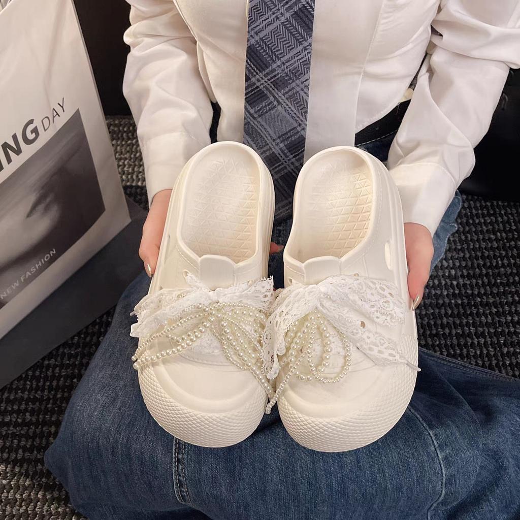 Fashion 2025 New Summer Shoes Platform Slippers For Women Indoor Beach Slides DIY Lace Pearl Bow Knot Clogs Girls Fashion Sandals