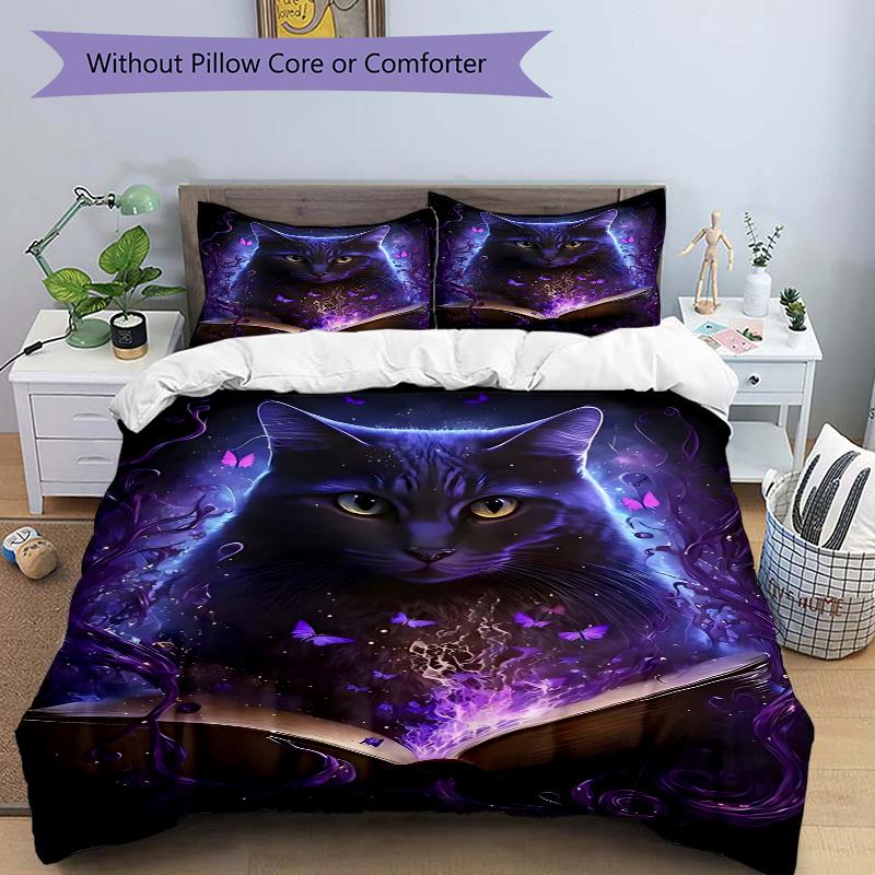 

3pcs Purple Butterfly Fantasy Cat Comforter Set with One Quilt Cover and Two Pillowcases (No Core) - Home Decor, Festival Gift, Polyester Fabric, Anim 135x200cm