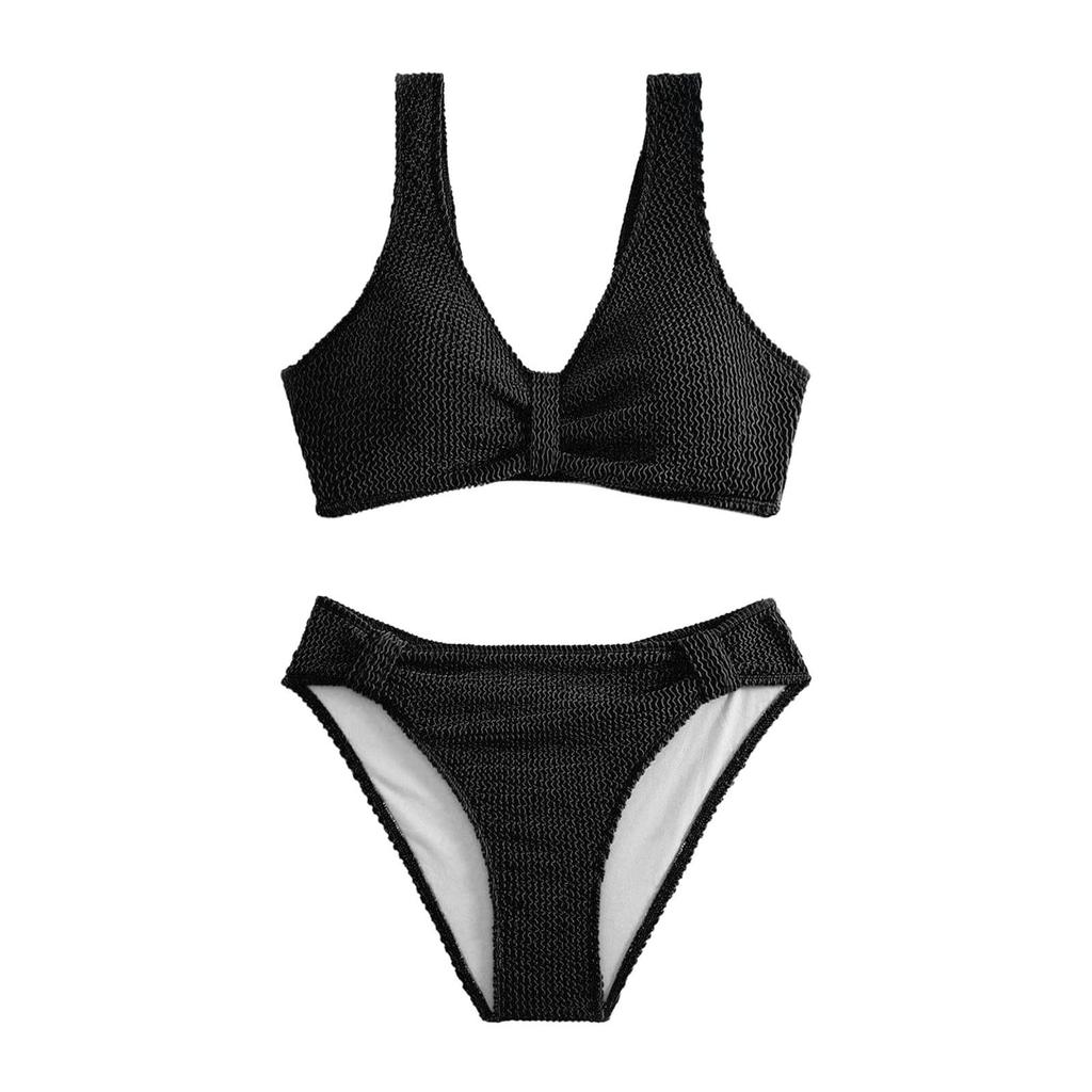 Women's Ribbed Knit Bikini Set Two Piece Swimsuit with V-Neck Top and High Waist Bottoms Swimwear for Beach