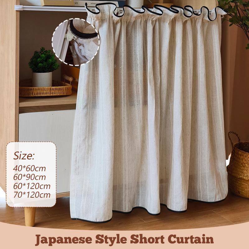 Beige Plain Cotton Linen Sheer Curtains With Black Edging Short Half Voile Curtain Kitchen Privacy Partition Home Decor, No Rail
