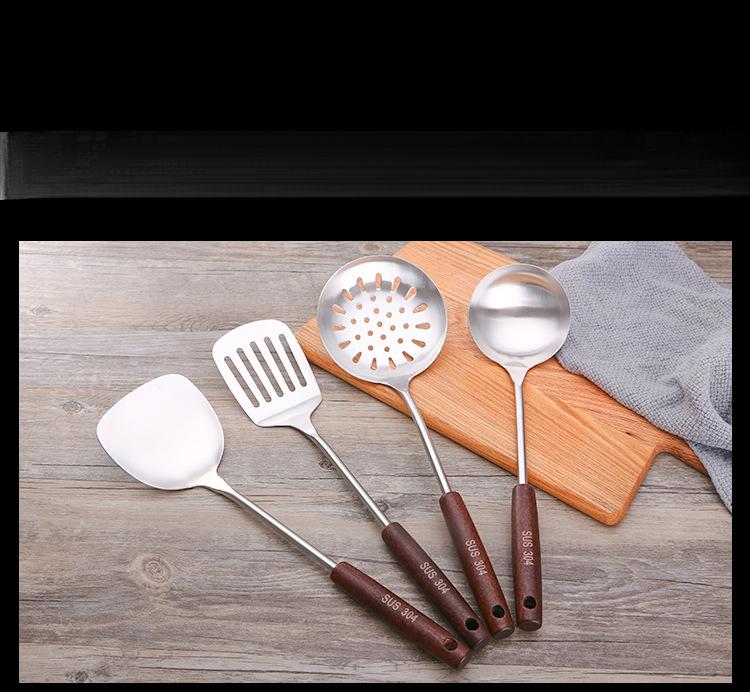 304 Stainless Steel Spatula Ladle Skimmer Set Vintage Wooden Handle High Temp Resistant Kitchen Cooking Utensils